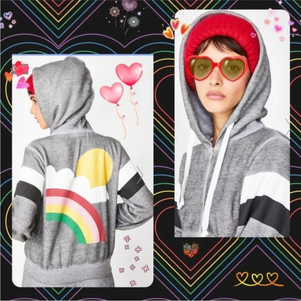 Wildfox “Rain or Shine” Zip Up Rainbow Hoodie